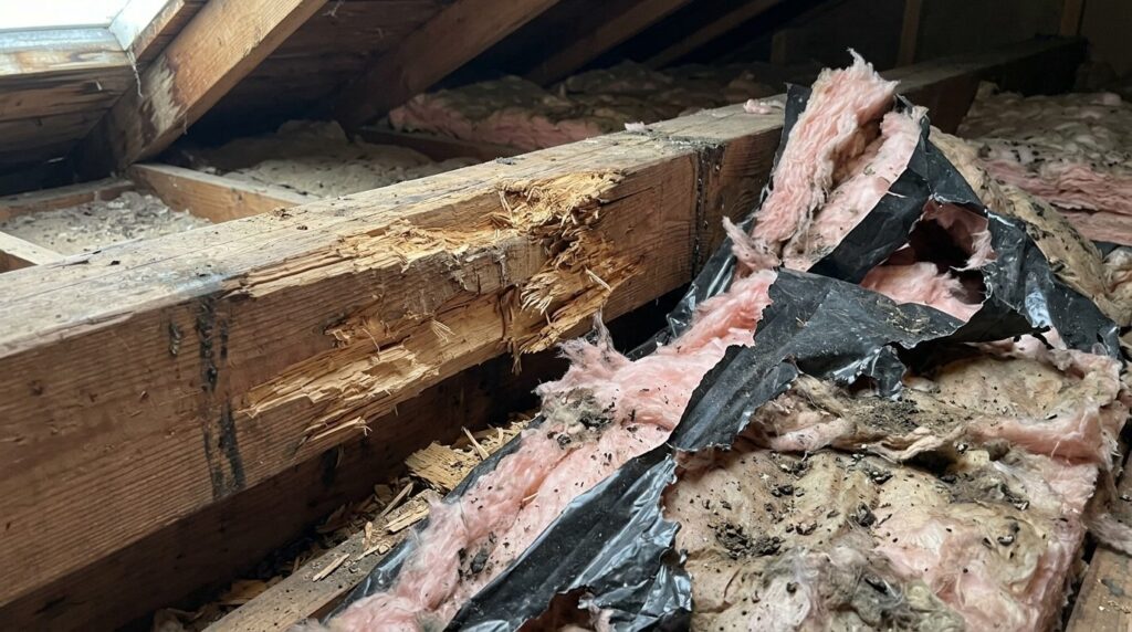 Close-up professional photograph of marten damage on wooden 