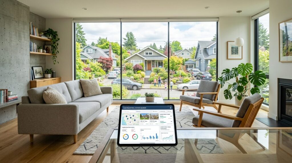 Wide angle view of contemporary living room with large windo